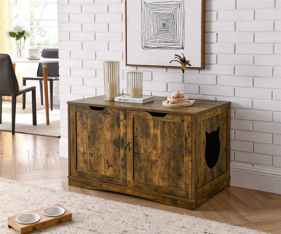 X-Large Cat Litter Box Enclosure Furniture Box House with Table, Rustic Brown