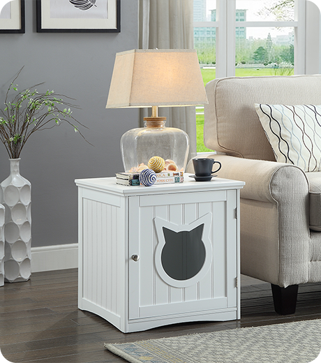 Cat House Side Table Nightstand Pet House Litter Box Enclosure White